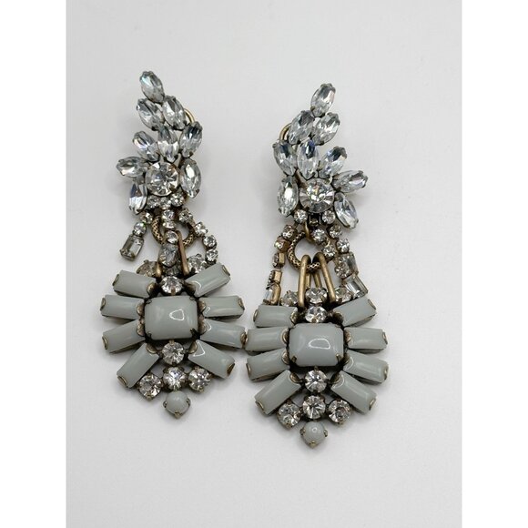 LULU FROST J.CREW Chandelier Antiqued Brass Rhinestone Cabochon Pierced Earrings - Picture 2 of 3